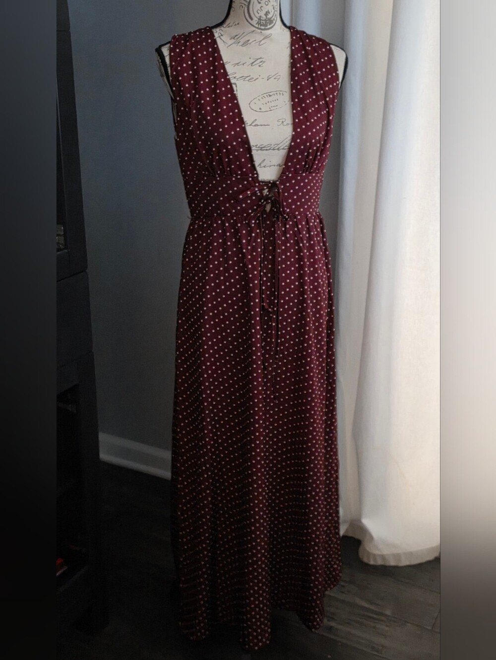 Polka Dot V-Neck Maxi Dress in Burgundy